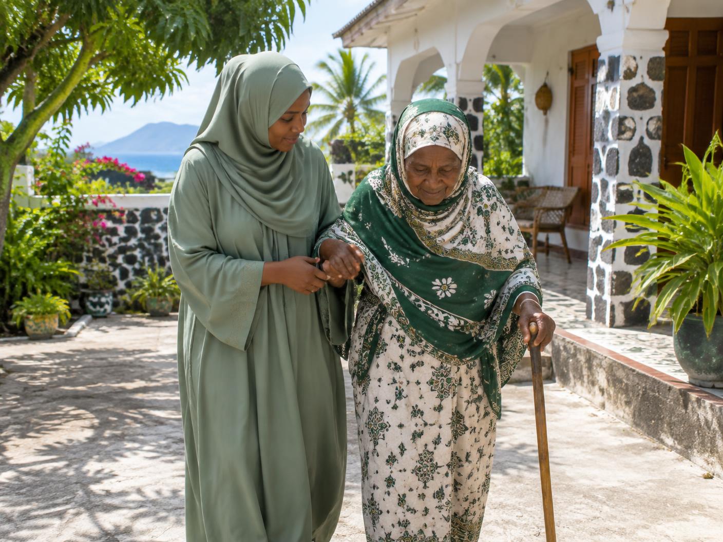 Accompagnante comorienne aidant une dame âgée sur la véranda de sa maison à Moroni