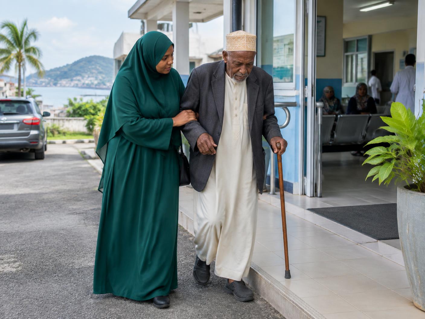 Accompagnant comorien aidant une personne âgée lors d’un rendez-vous médical